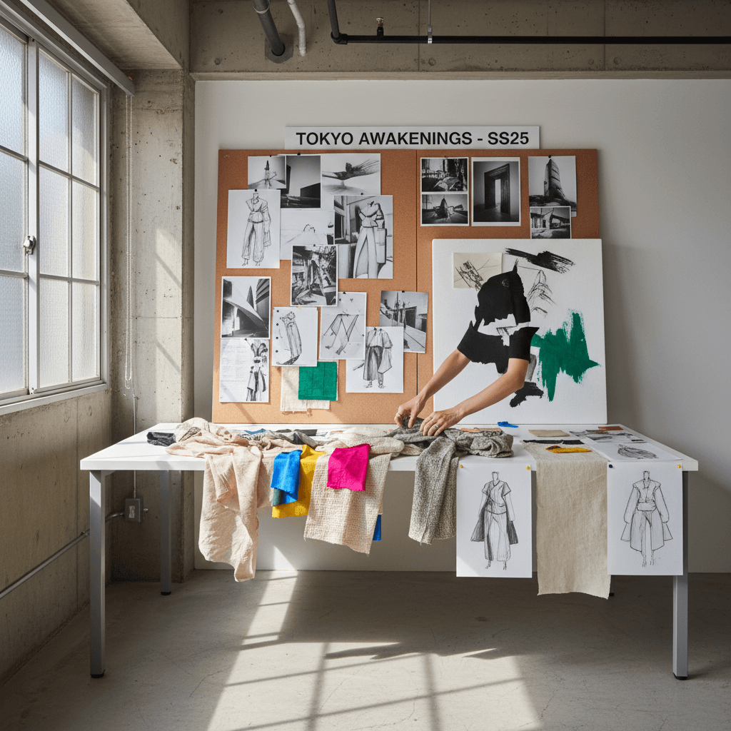 Designer workspace with fabric and sketches