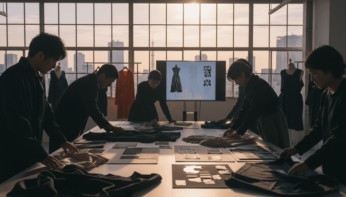 Creative team collaborating on fashion product design in a Tokyo studio with natural light and textile materials