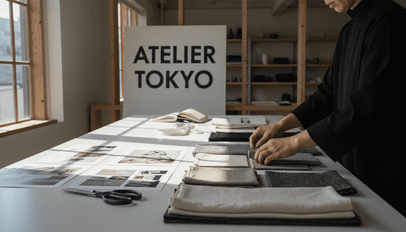 Fashion designer arranging fabric swatches and design materials at a creative workspace