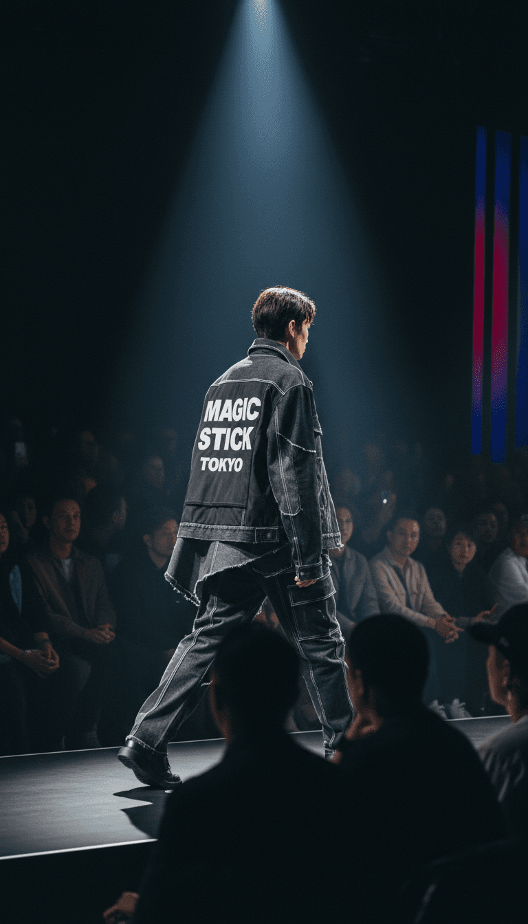 Fashion event with model showcasing designed apparel collection