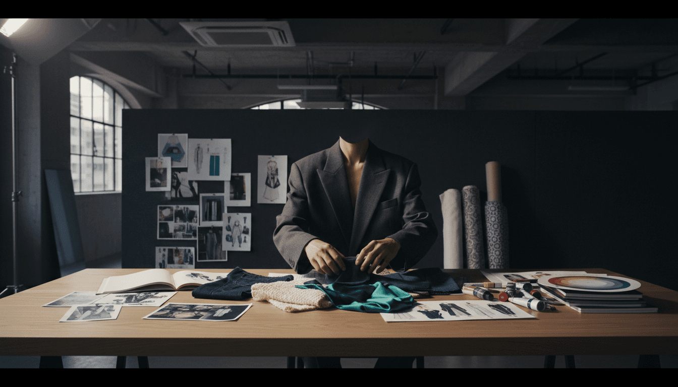Designer reviewing fabric swatches and garment concepts in a Tokyo creative studio workspace