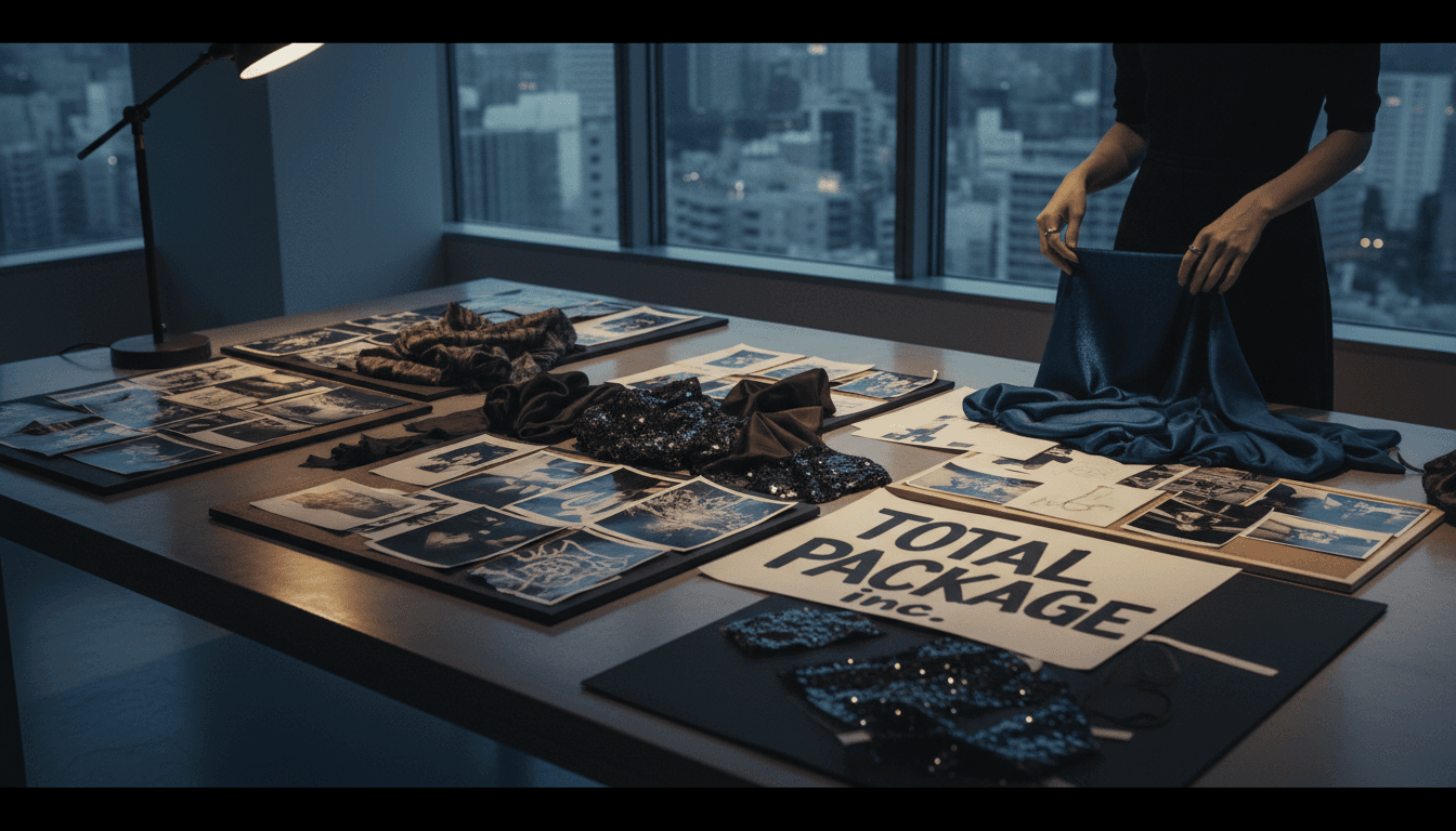 Designer reviewing fabric and brand materials in a Tokyo creative studio