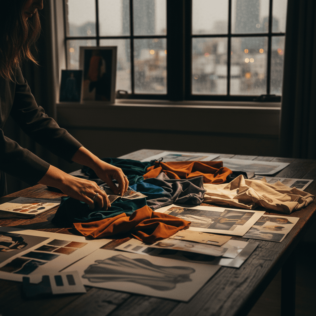 Designer workspace with fabric samples and mood boards