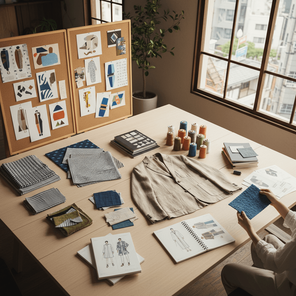 Fashion design workspace with apparel prototypes and fabric materials